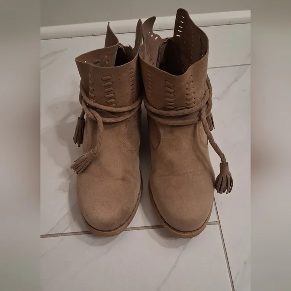 Braided Tassel Ankle Booties in Taupe Suede - Picture 2 of 5